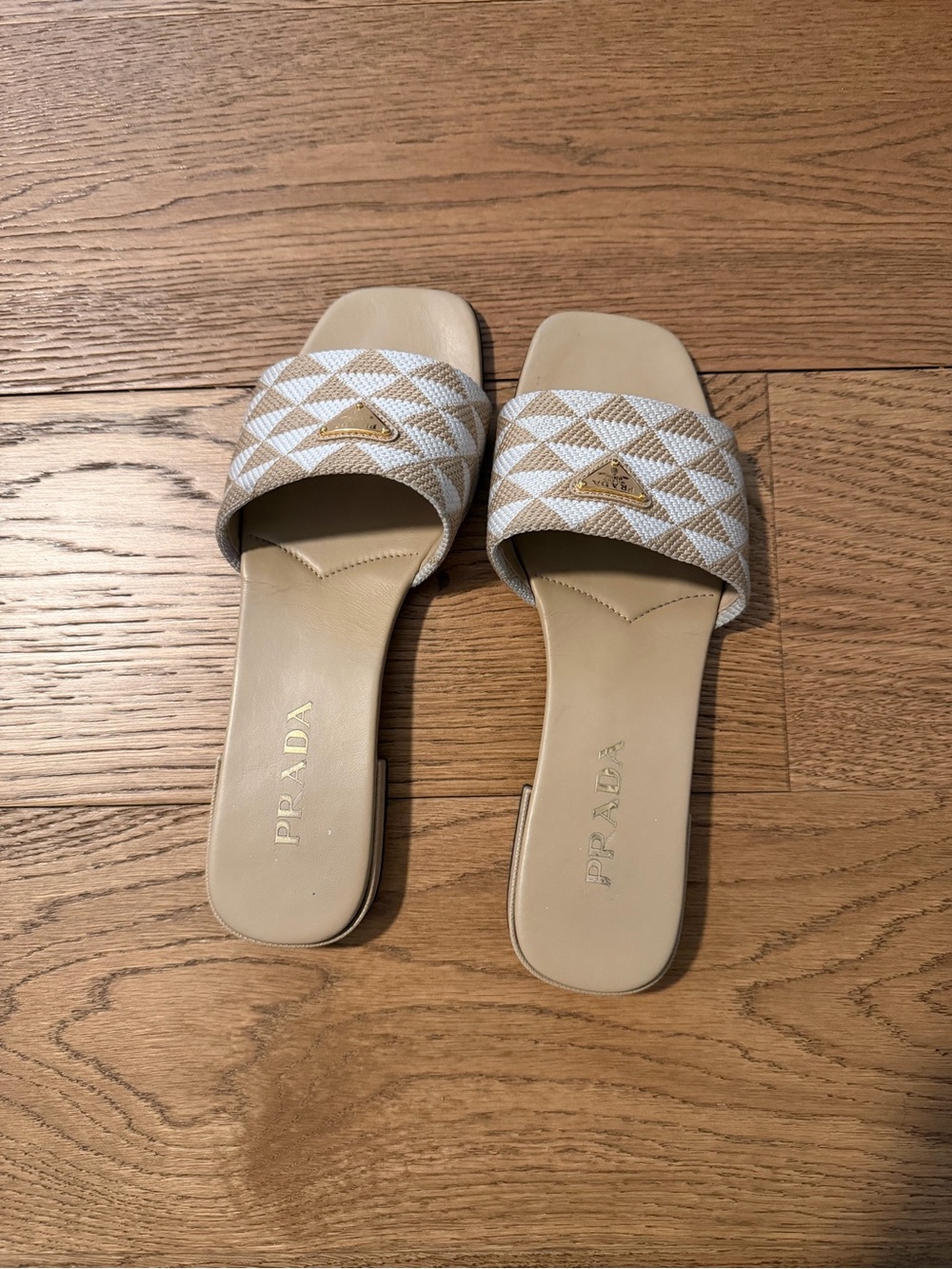 Prada Cream & White Geometric Woven Slide Sandals